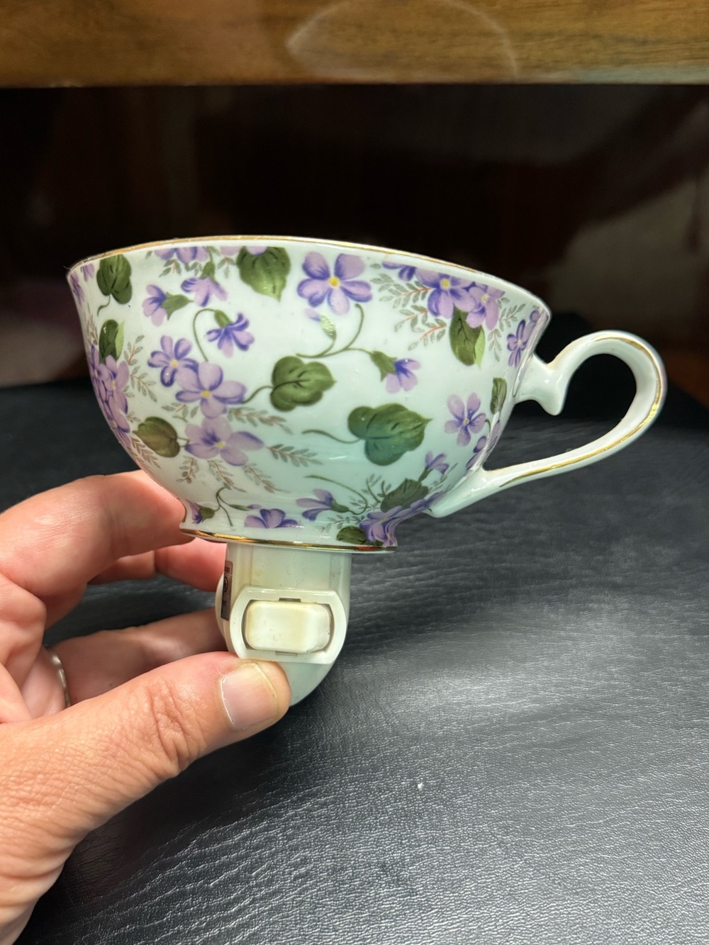 Teacup Night Light purple floral gold trim